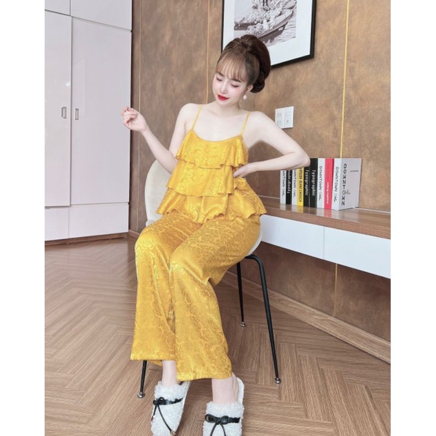 Bộ lụa dây tầng, phối quần dài màu trơn xinh