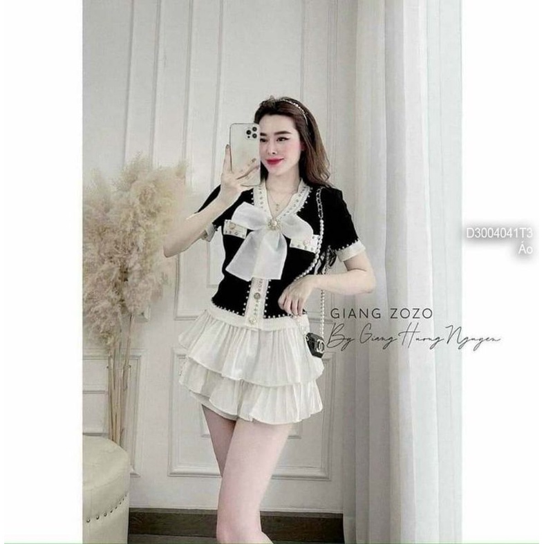 Áo len croptop nơ trắng ngực kết hạt phối viền cổ tim tay ngắn hàng Quảng Châu 3004