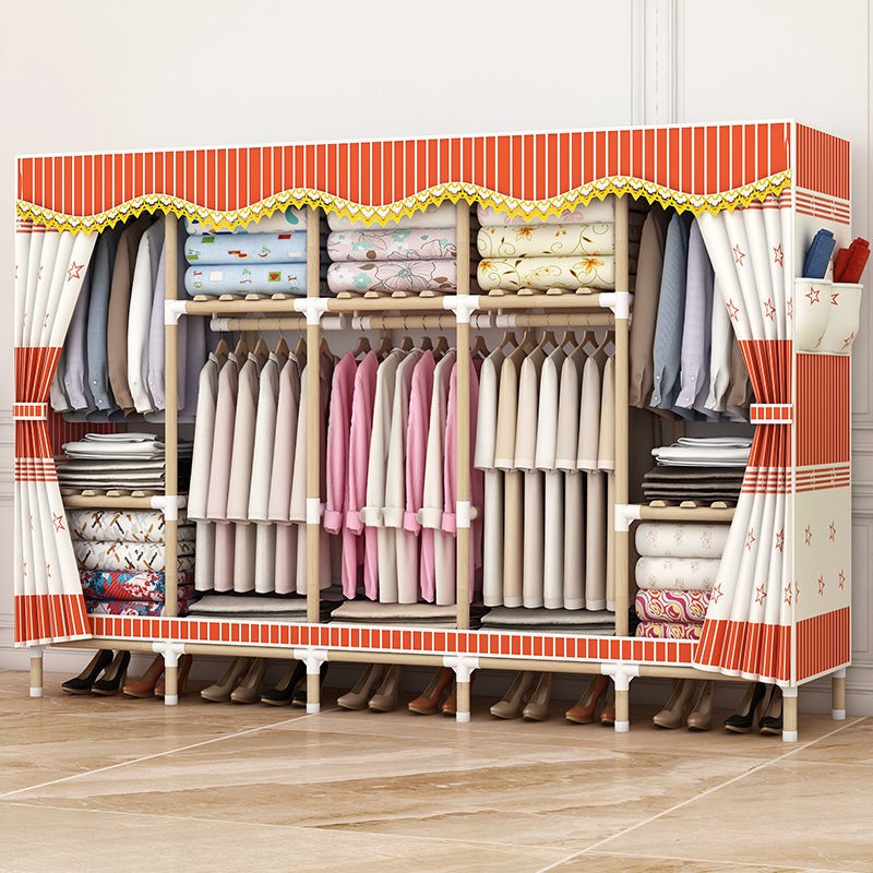 Tủ quần áo đơn giản gỗ cứng màu đậm đôi vải không dệt giá để đồ lắp ráp hiện đại