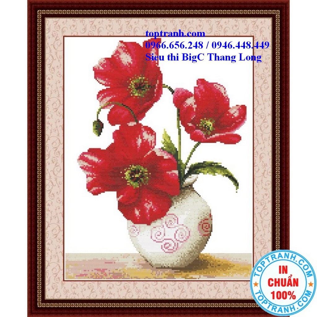 Tranh thêu chữ thập bình hoa poppy màu đỏ H289 (Chưa thêu) tranh thêu bình hoa nhỏ