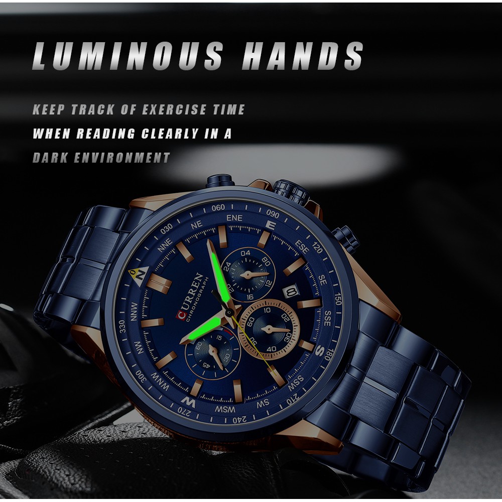 CURREN Men's Watches Stainless Steel Quartz Luminous Pointers New Casual Sport waterproof 8399