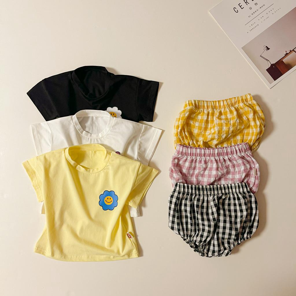 Set Áo Thun Tay Ngắn &amp; Quần Short Caro Cho Bé Trai &amp; Gái