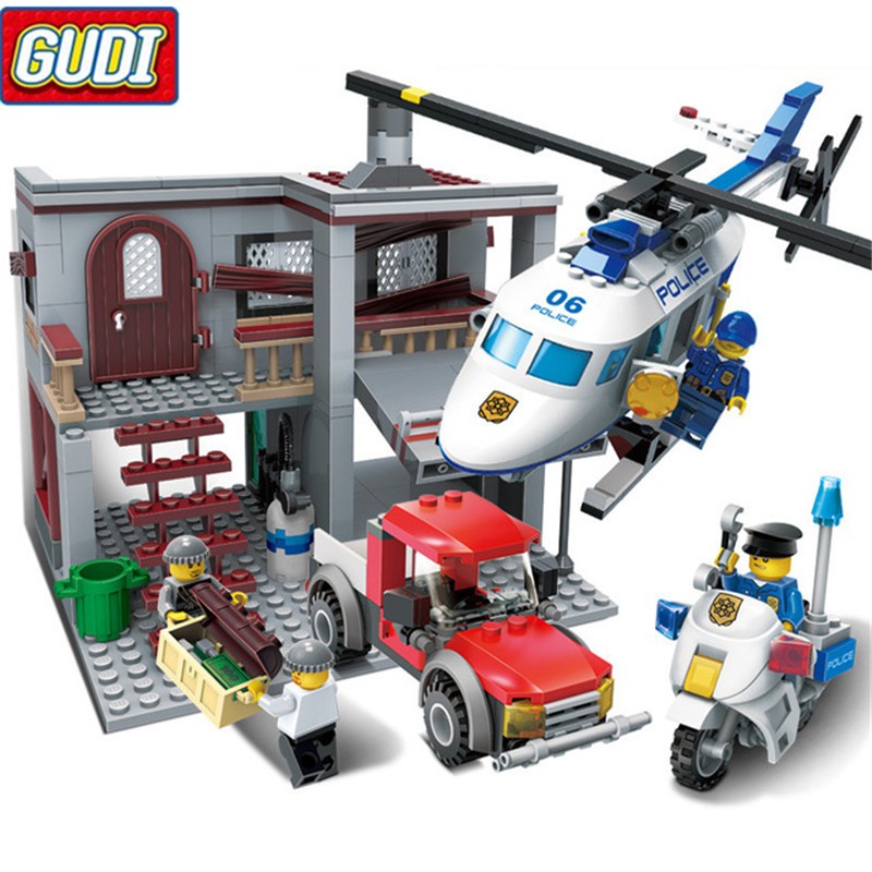 Đồ chơi lắp ráp Lego City Gudi 9318 xếp hình logo minifigures nhà xe ô tô và máy bay phối cảnh tuyệt đẹp