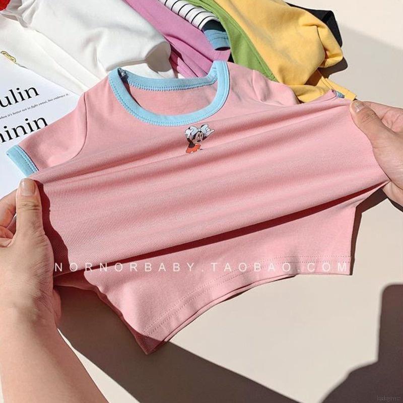 Áo thun tay ngắn chất liệu cotton in họa tiết hoạt hình phong cách hàn quốc cho bé gái