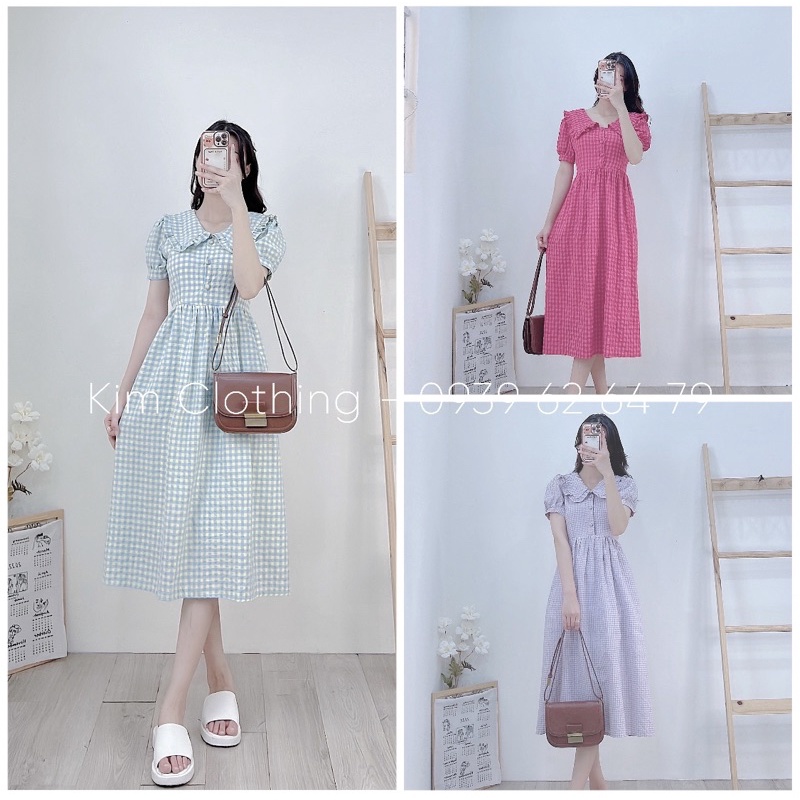 Đầm caro cổ sen nút bọc tay bồng dáng midi xoè tiểu thư - hình thật
