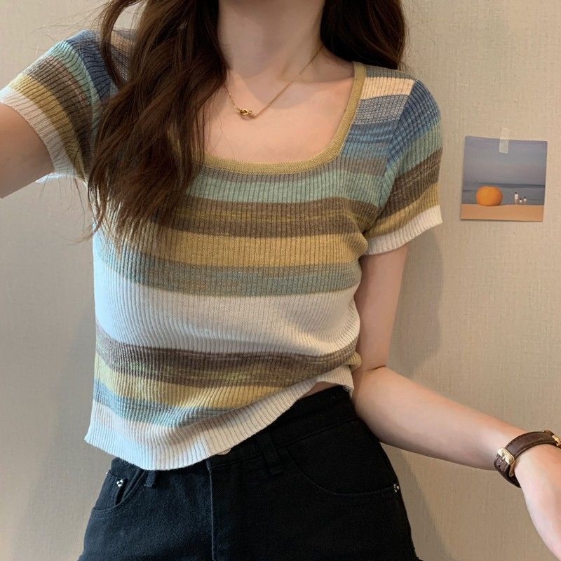 Áo Thun Tay Ngắn Cổ Vuông Họa Tiết Sọc Màu Sắc Tương Phản Thời Trang Mùa Hè Cho Nữ