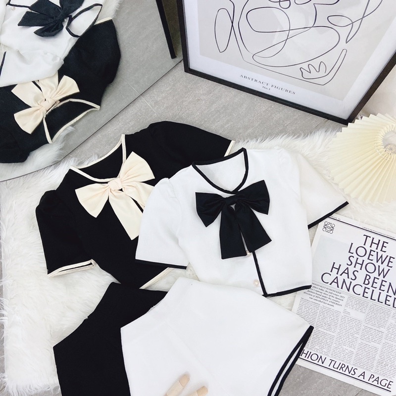 SET ÁO GẮN NƠ TO CROPTOP NÚT VIỀN + QUẦN SHORT