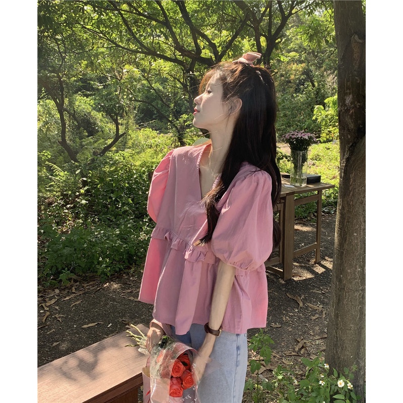 Áo Kiểu Tay Phồng Cổ Chữ V Dáng Rộng Thiết Kế Ngọt Ngào Thời Trang Mùa Hè Mới Cho Nữ
