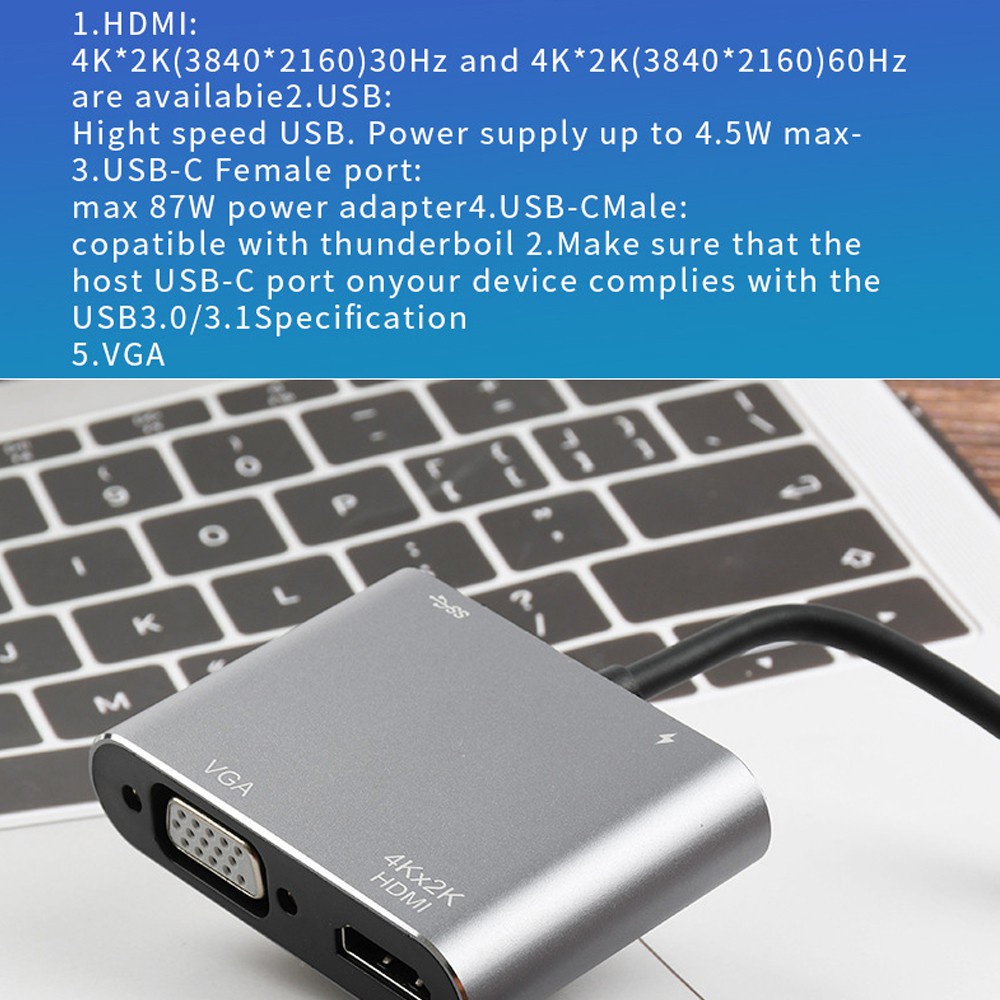 Bộ Chuyển Đổi Type-C 3.1 Sang Hd 4k Hdmi + Vga + Usb3.0 + Pd Hub Usb-C Cho Macbook Series