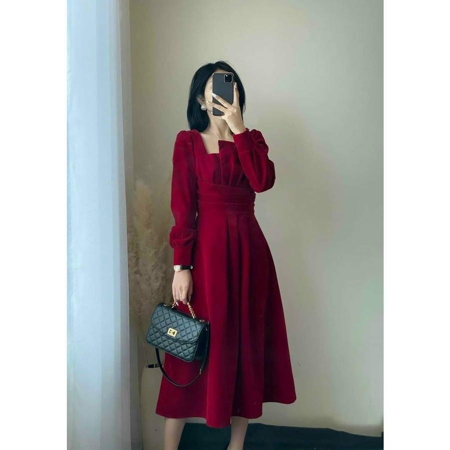 Đầm dáng dài dự tiệc sang chảnh, đầm dài qua gối thiết kế cổ vuông tay phồng thời trang nữ XM Minh Phúc | BigBuy360 - bigbuy360.vn