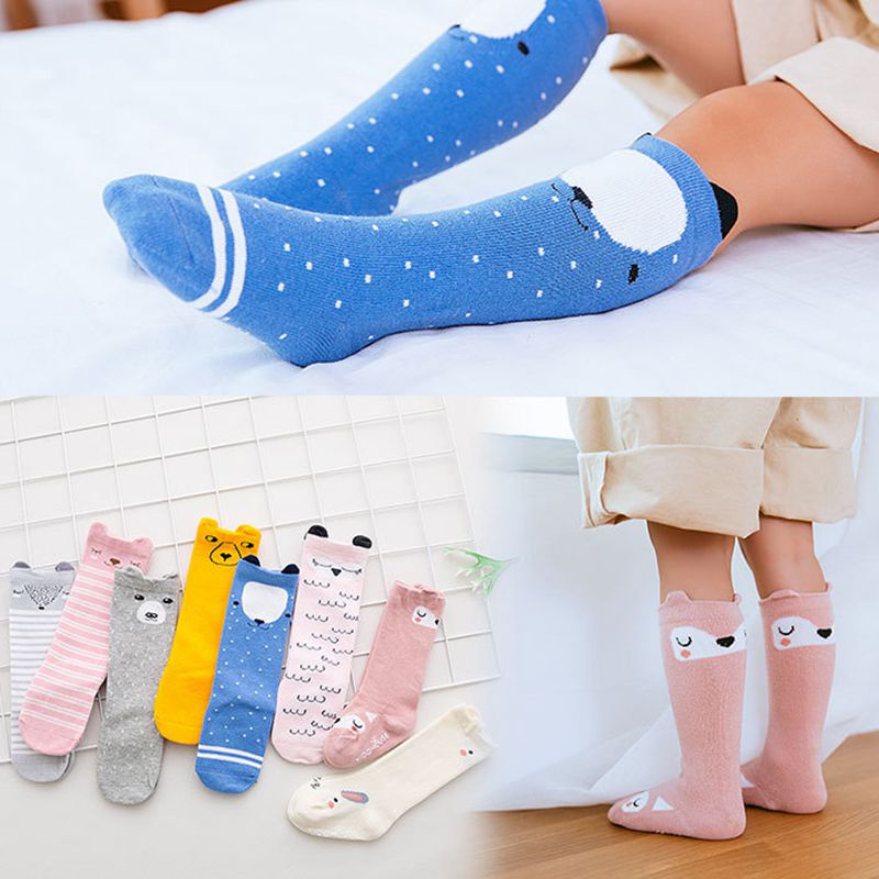 Tất dài cotton mềm mại thoáng khí cao đầu gối chống trượt họa tiết hoạt hình cho bé gái 0-4 tuổi