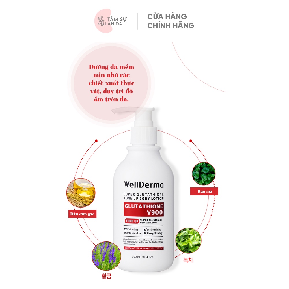 Kem Dưỡng Thể Nâng Tone V900 Cấp Ẩm Cho Da Body Wellderma Super Glutathione Tone Up Body Lotion 300ml
