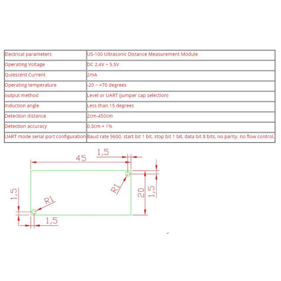 Mô Đun Cảm Biến Siêu Âm DC 2.4V ~ 5.5V US-100