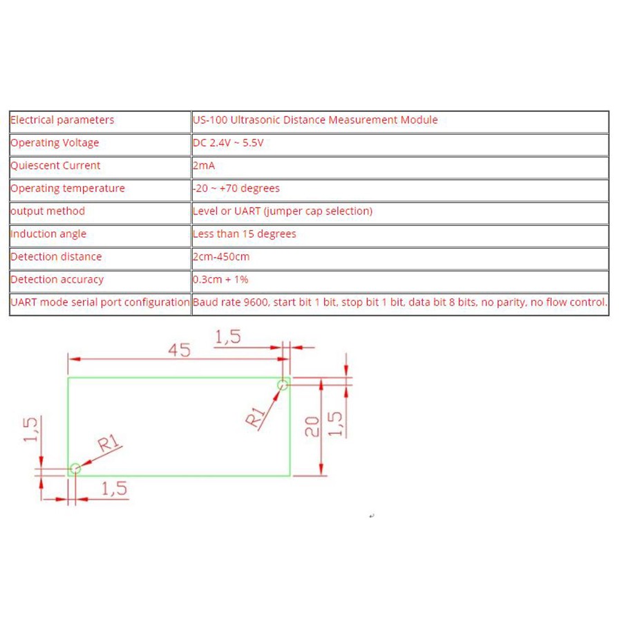 DC 2.4-5.5V US-100 Ultrasonic Sensor with Temperature Compensation Ultrasonic Sensor Module