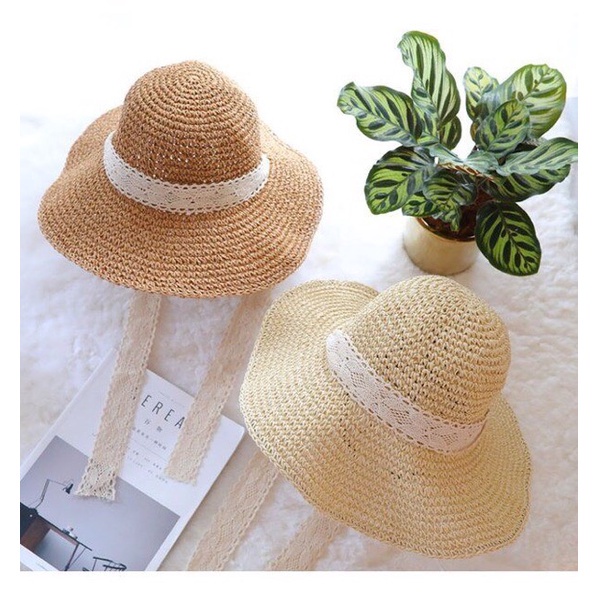 Mũ Cói Đi Biển Mềm Quai Nơ Ren Mềm Vintage🎀