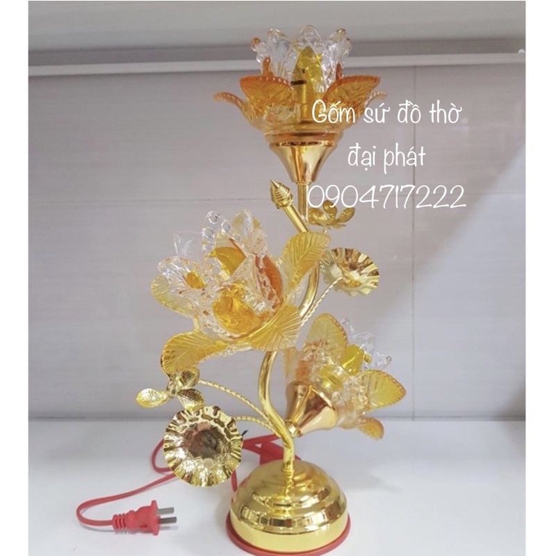 Đèn thờ hoa sen bông thủy tinh ánh sáng vàng, đèn thờ thủy tinh ba bông