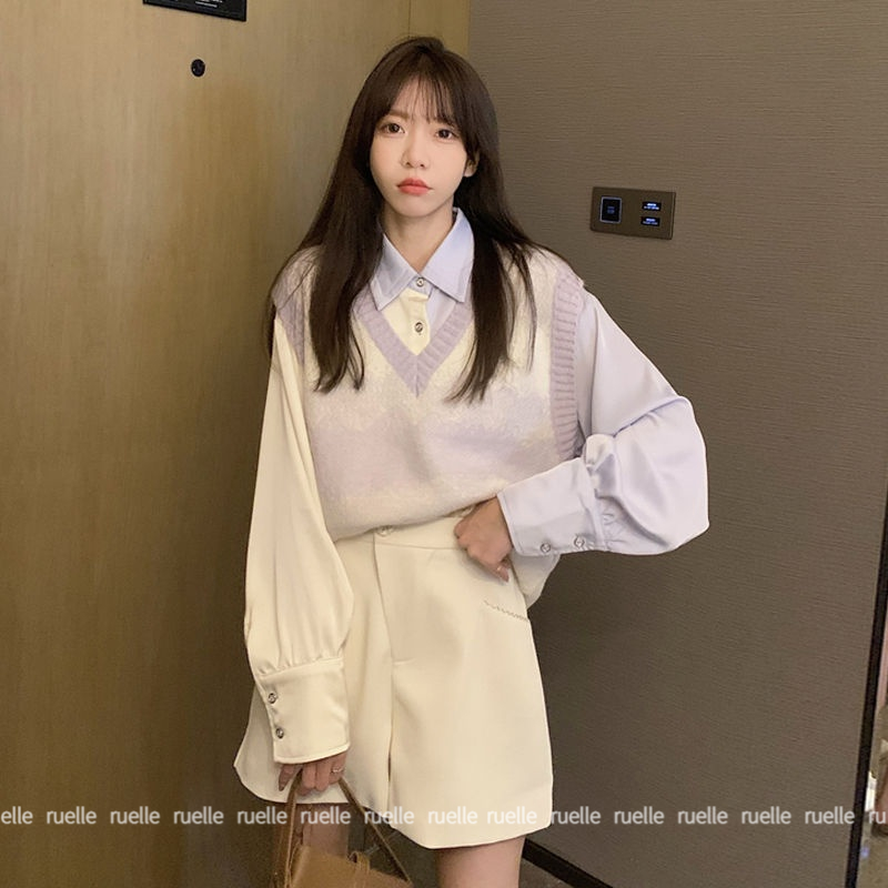 Set Áo Sơ Mi Dài Tay Và Áo Len Không Tay Phong Cách Hàn Quốc Thời Trang Cho Nữ