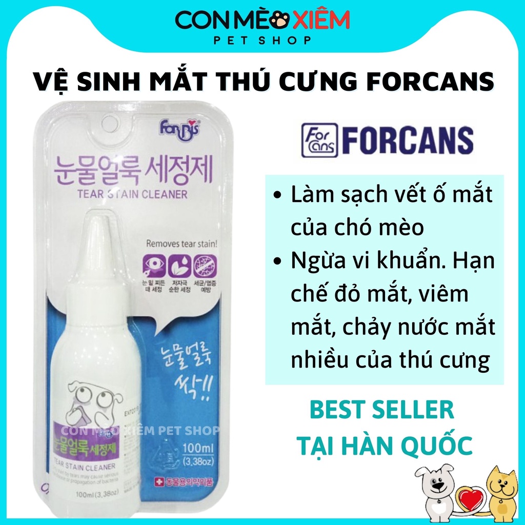 Lau rửa mắt vết ố bẩn cho chó mèo Forcans 100ml, làm sạch nước mắt bụi bẩn cún mèo Con Mèo Xiêm