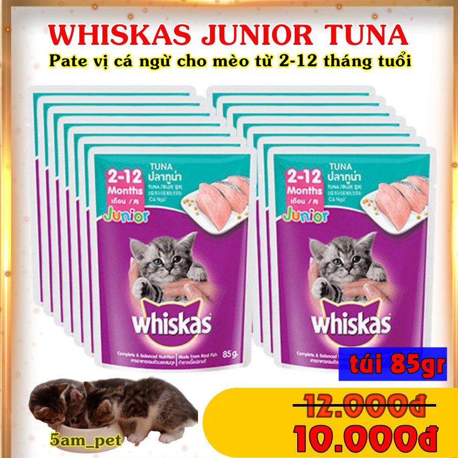 Pate Whiskas Tuna Junior ✅ vị cá ngừ cho mèo con từ 2 đến 12 tháng tuổi, gói nhỏ 85gr, date xa, giá rẻ