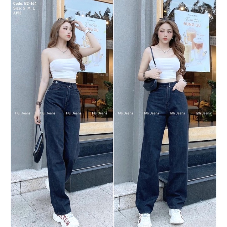 Quần jeans suông cạp cao đai cài dây khuy