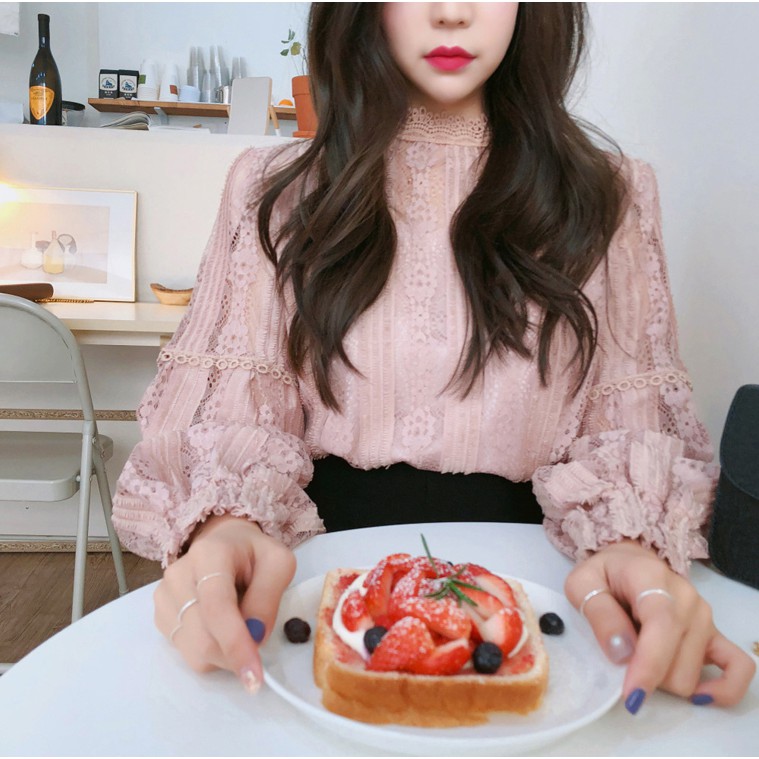 Áo sơ mi ren kiểu dài tay Emilyshop ulzzang