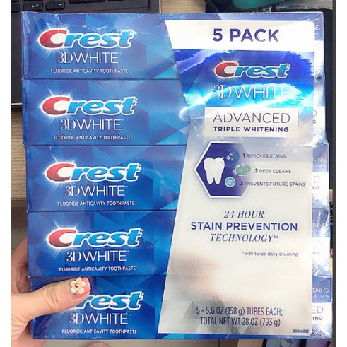Kem đánh răng Crest 3D 158 White Advanced Triple Whitening tuýp 158g từ Mỹ