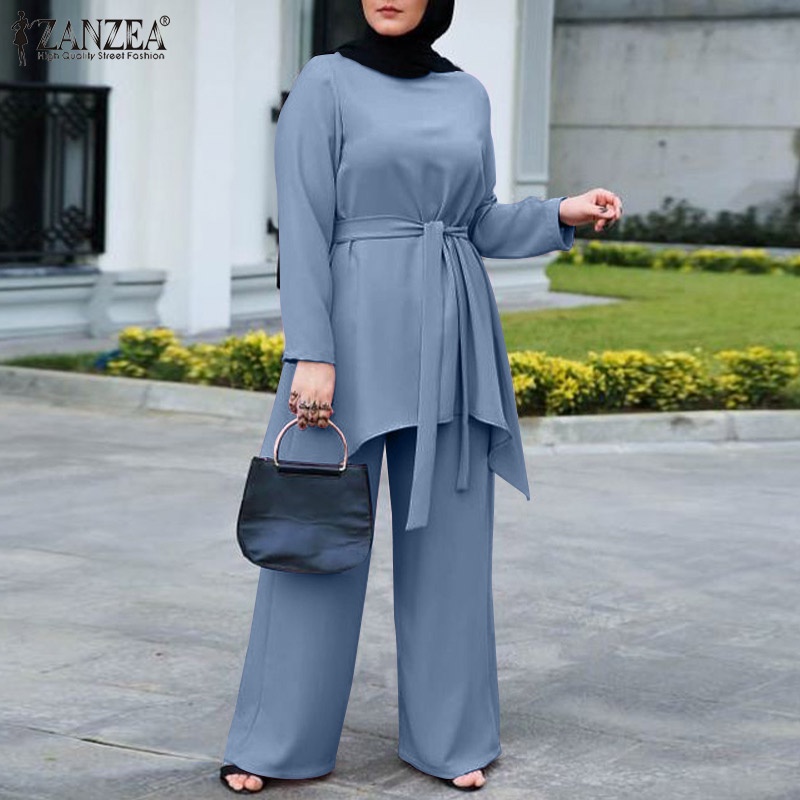 Zanzea Set Đồ Hồi Giáo Gồm Áo Tay Dài Cổ Tròn Và Quần Ống Rộng Có Túi Dành Cho Nữ