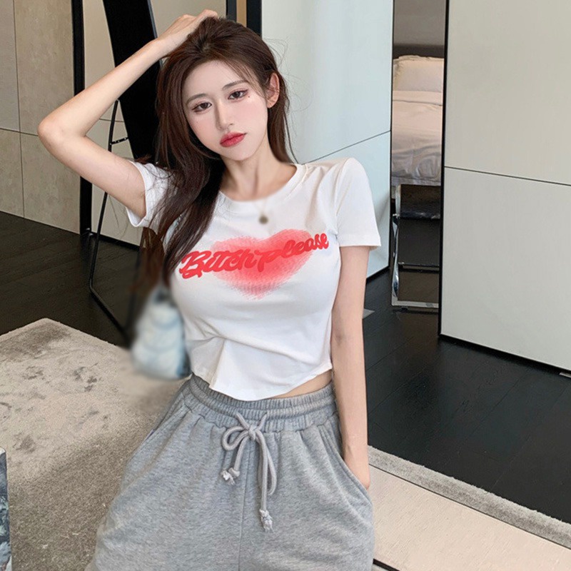 Áo Thun Lửng Tay Ngắn Cổ Tròn In Chữ Phong Cách Hàn Quốc Dành Cho Nữ