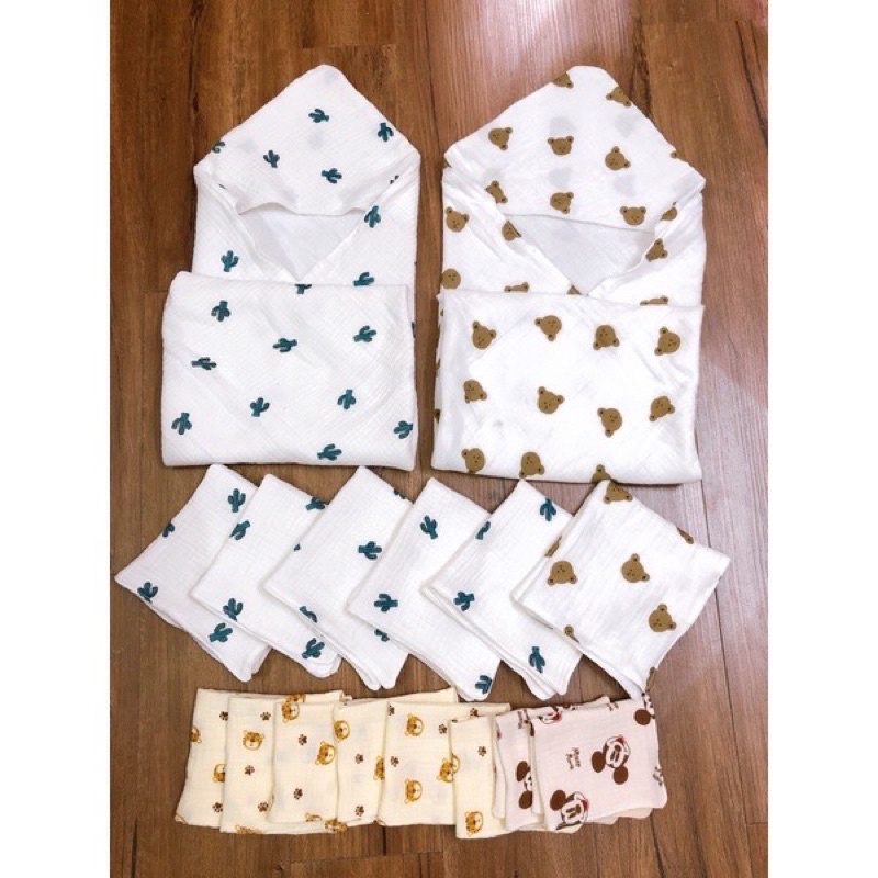 Khăn ủ tắm xô muslin oganic 4 lớp cao cấp có mũ 2022 Hot tặng khăn mặt muslin khi mua từ 2 sp