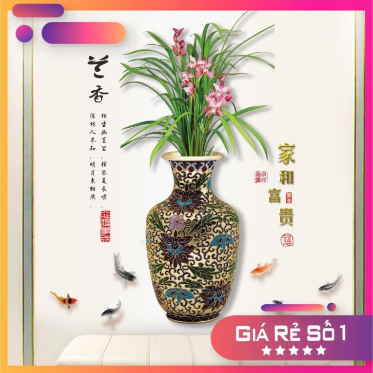 [GIÁ SẬP SÀN] Tranh dán tường bình hoa cổ chữ gia hòa phú quý, Decal bình hoa chữ Hán, Tranh 3D phong thủy