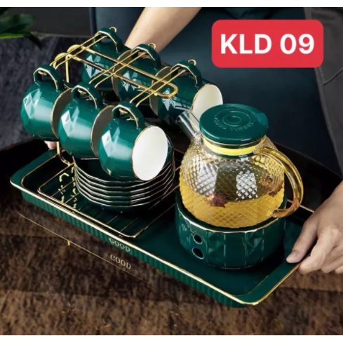 BỘ ẤM CHÉN PHA TRÀ THỦY TINH KÈM ĐẾ, CỐC, KHAY SỨ CAO CẤP VÀ GIÁ TREO CỐC