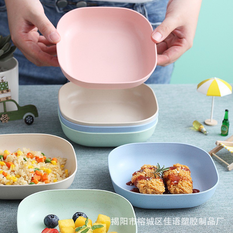 Set 8 Đĩa Lúa Mạch Dạng Vuông Màu Sắc Sang Trọng, Kích Thước 15cm - Đĩa Nhựa Sinh Học Lúa Mạch An Toàn Sức Khỏe