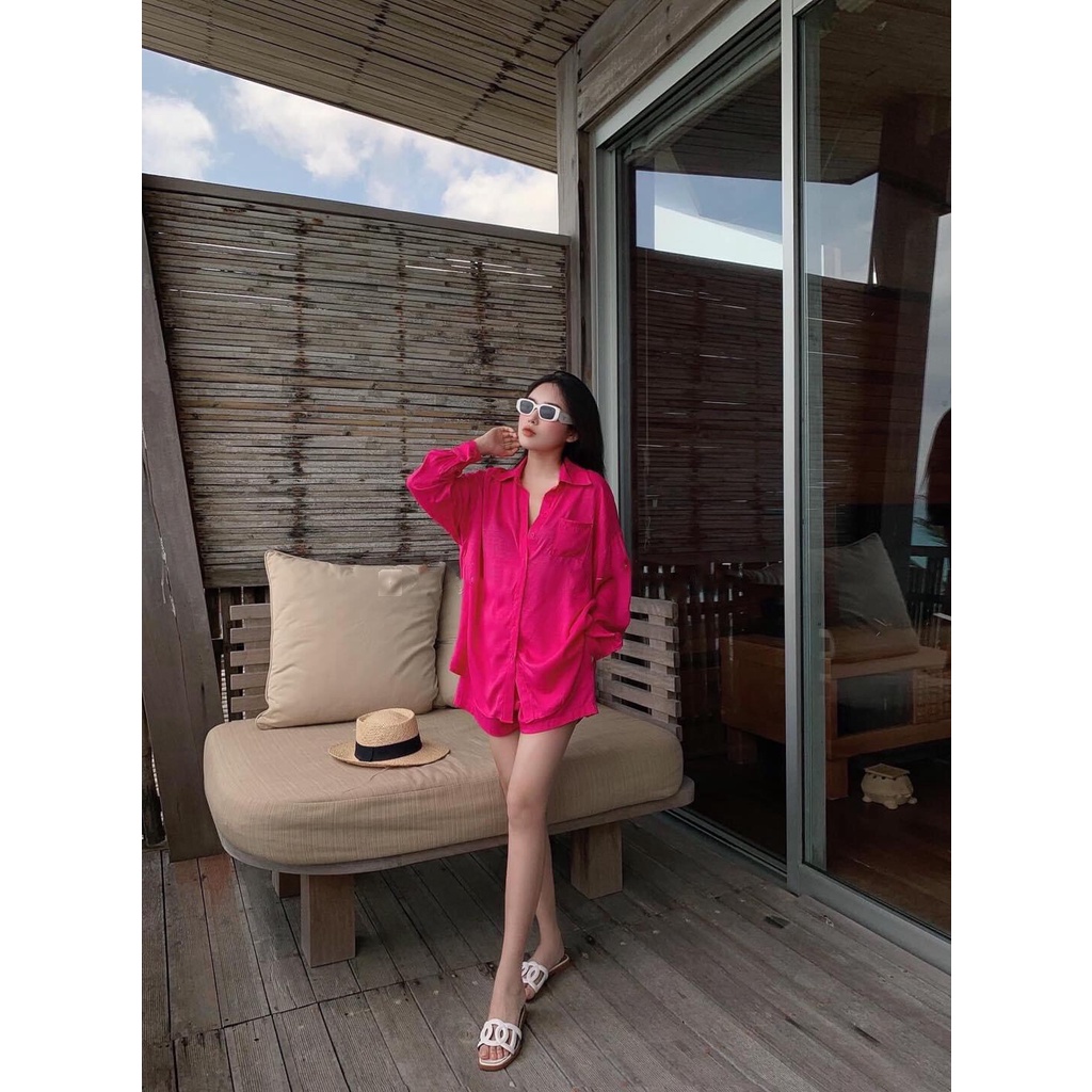 SET ĐŨI ÁO SƠ MI FORM DÀI + QUẦN SHORT FULL MÀU ĐI BIỂN, DU LỊCH