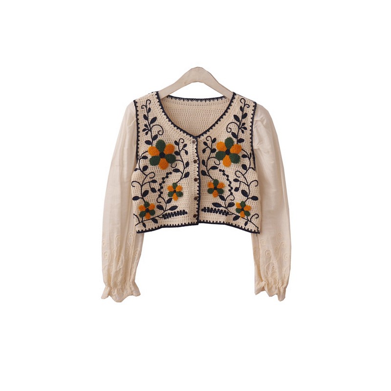 Áo kiểu croptop tay dài phong cách cổ điển thêu hoa lá Ulzzang