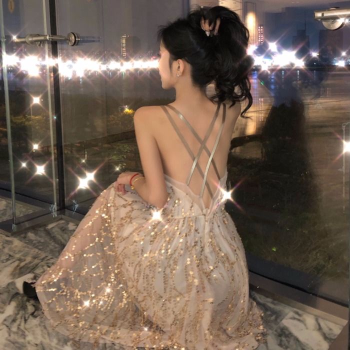 Đầm Dài Cổ Chữ v Đính Kim Sa Lấp Lánh Phong Cách Quyến Rũ Cho Nữ