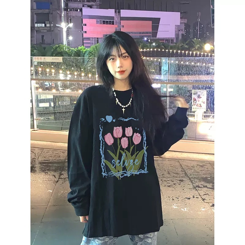 Áo sweater tay dài cổ tròn màu đen phong cách retro Mỹ dành cho nữ