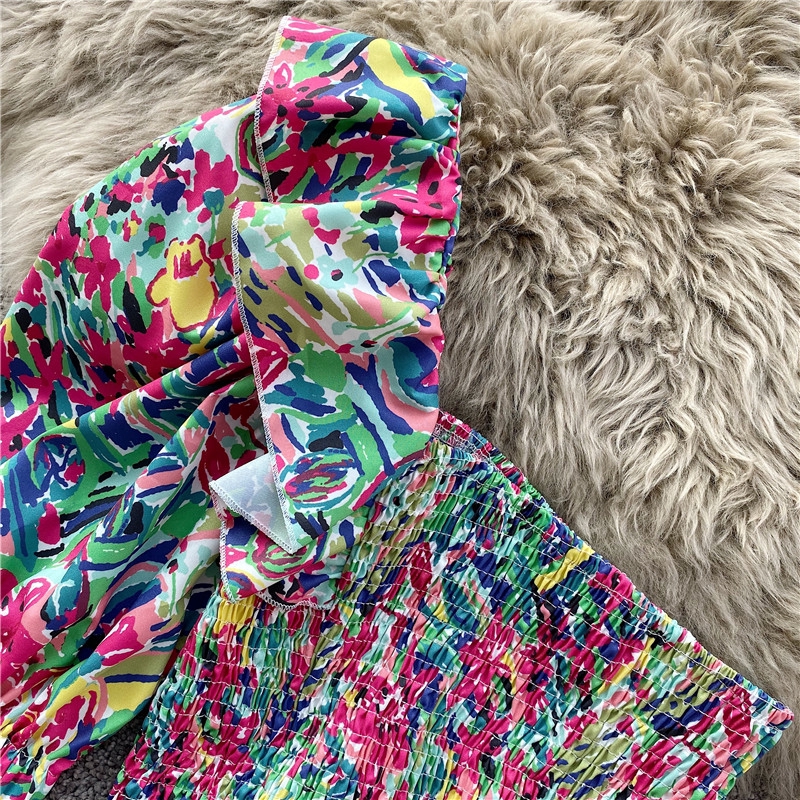 IELGY Áo chiffon Tay Phồng Trễ Vai Phối Bèo In Họa Tiết Trái Tim Gợi Cảm