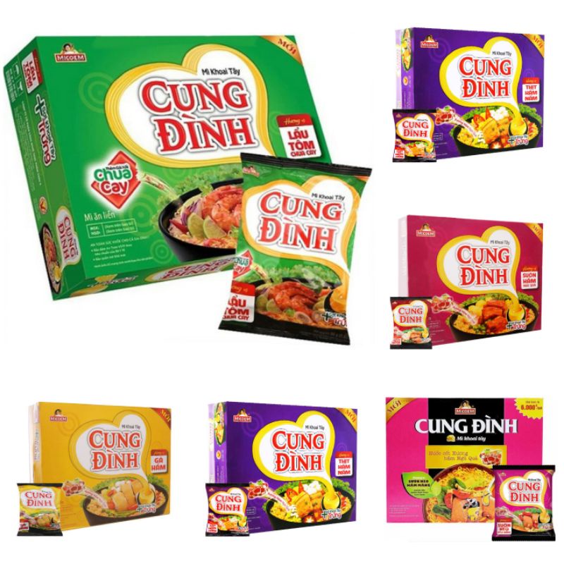 Mì Cung Đình 1 thùng (30 gói) / Mì ăn liền lẩu tôm chua cay, gà hầm, thịt hầm nấm, sườn heo hầm măng, ngũ quả