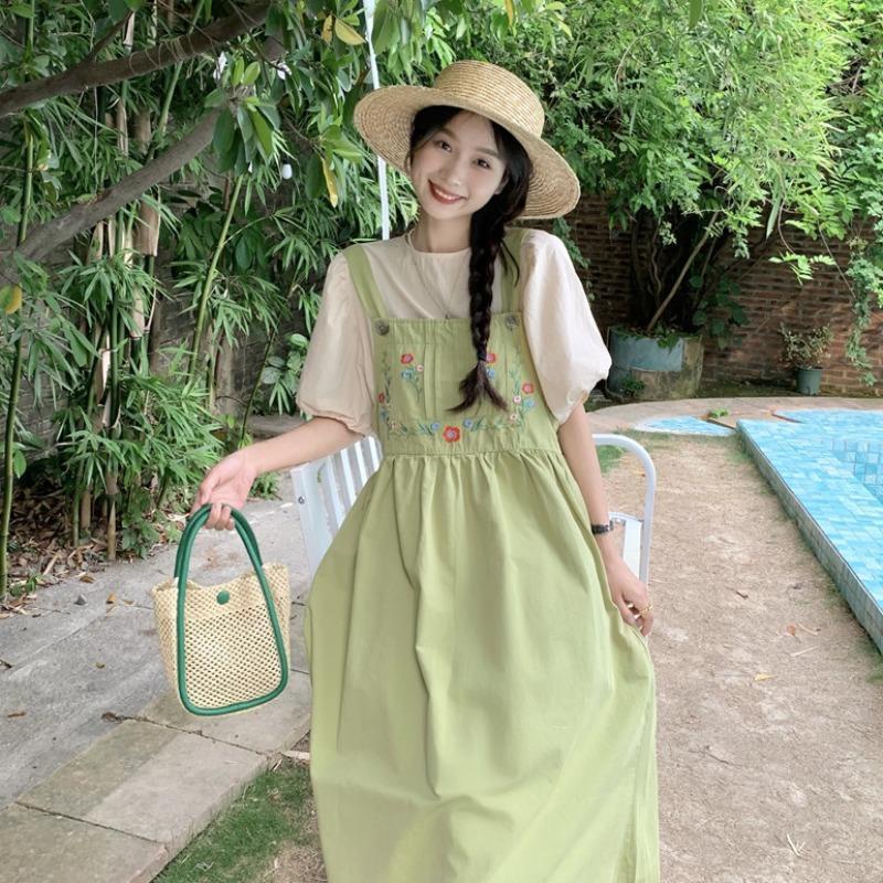 Bộ Áo Tay Phồng Thêu Họa Tiết Trái Cây + Chân Váy Dài Trung Bình Thời Trang Mùa Hè Cho Nữ