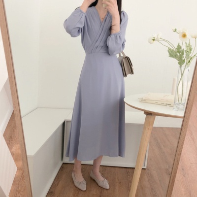 Đầm Voan Dài Tay Cổ Chữ V Xếp Ly Phối Dây Thắt Eo Thanh Lịch 42049