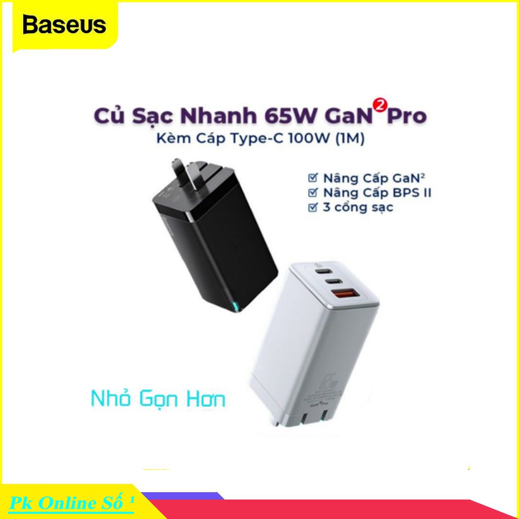 Củ sạc nhanh Baseus GaN 2 Pro 65W USB Quick Charge 4.0 Cho Iphone 12 Pro max / Macbook/ Laptop [Tặng Cap C to C]