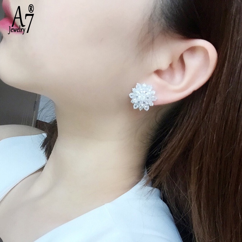 Bông tai mạ bạc 925 hình hoa hướng dương đính đá zircon phong cách Nhật Hàn thời trang cho nữ