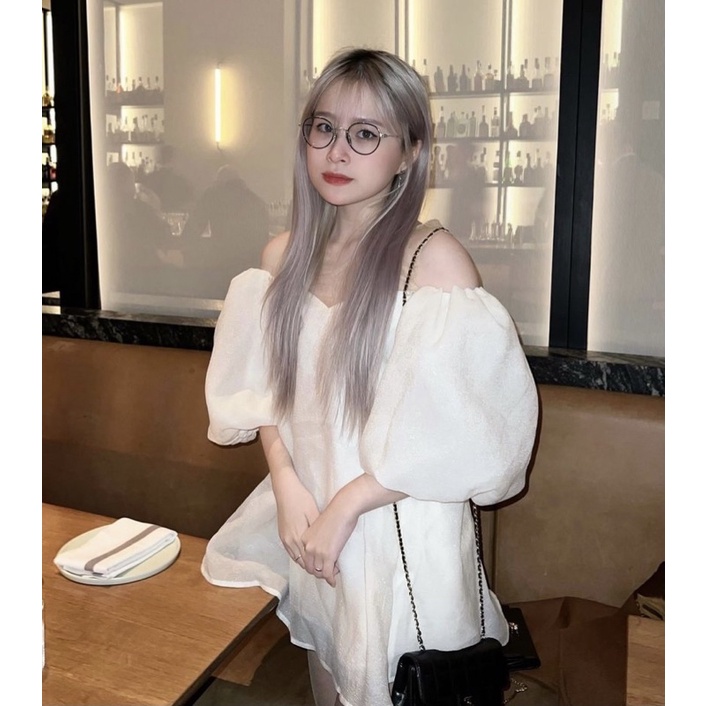 Áo kiểu babydoll trễ vai tay phồng ĐÍNH NGỌC phối lưới