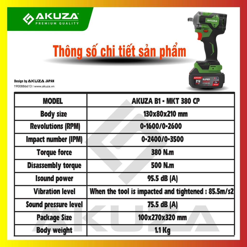 VẶN BULONG AKUZA - B1 MKT380CP  1/2 inch NHỎ GỌN và HIỆU SUẤT CAO.