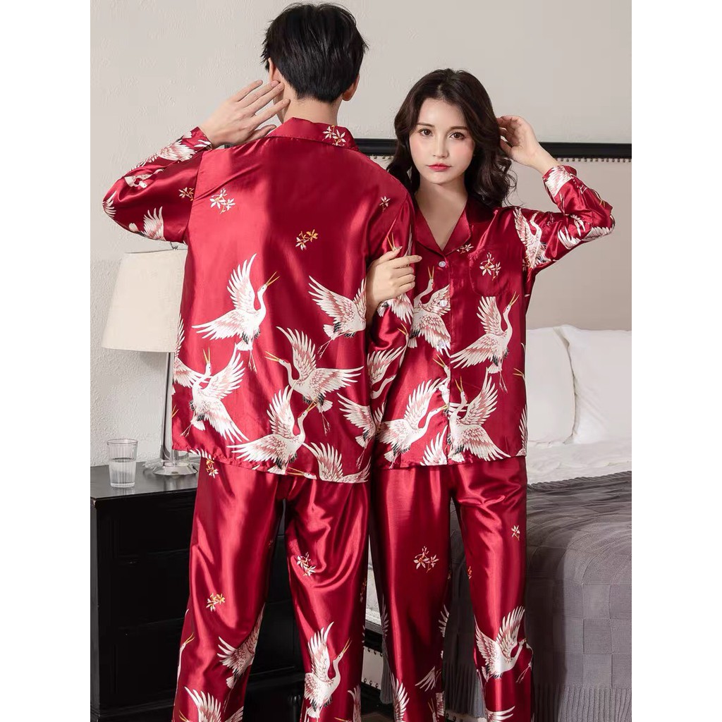 Bộ pijama lụa họa tiết tiên hạc dành cho các cặp đôi - Đồ mặc nhà cho nam và nữ sang chảnh, chất lụa mát mịn