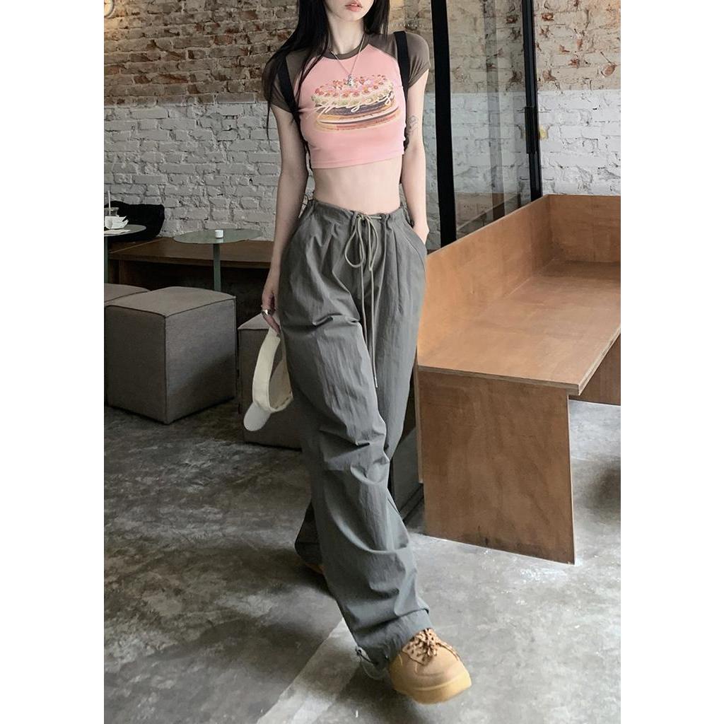 Áo Thun Ngắn Tay / Quần Yếm Dây Rút Dáng Rộng In Họa Tiết Retro Thời Trang Nữ Cá Tính 61804