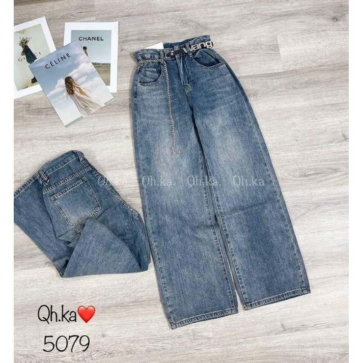 Quần jeans ống suông kèm đai xích wang hàng QCL1
