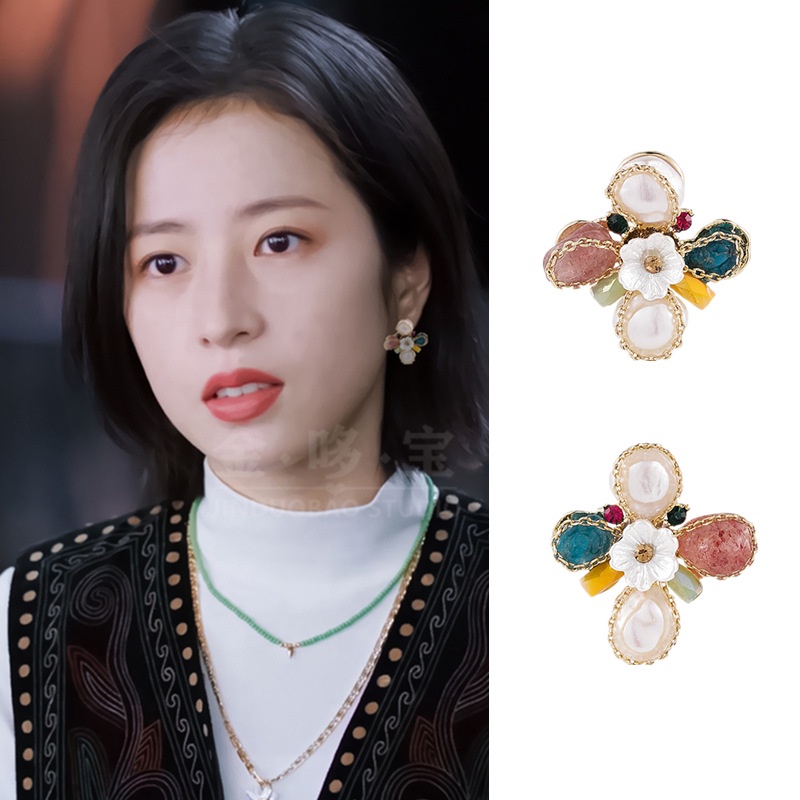 Hoa Tai Hình Hoa Đính Ngọc Trai Cao Cấp Phong Cách Retro