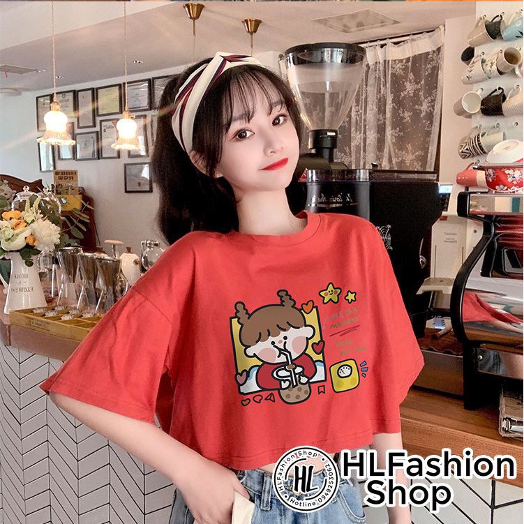 Áo croptop thun nữ bé gái uống trà sữa cực xinh, áo thun nữ HLFashion