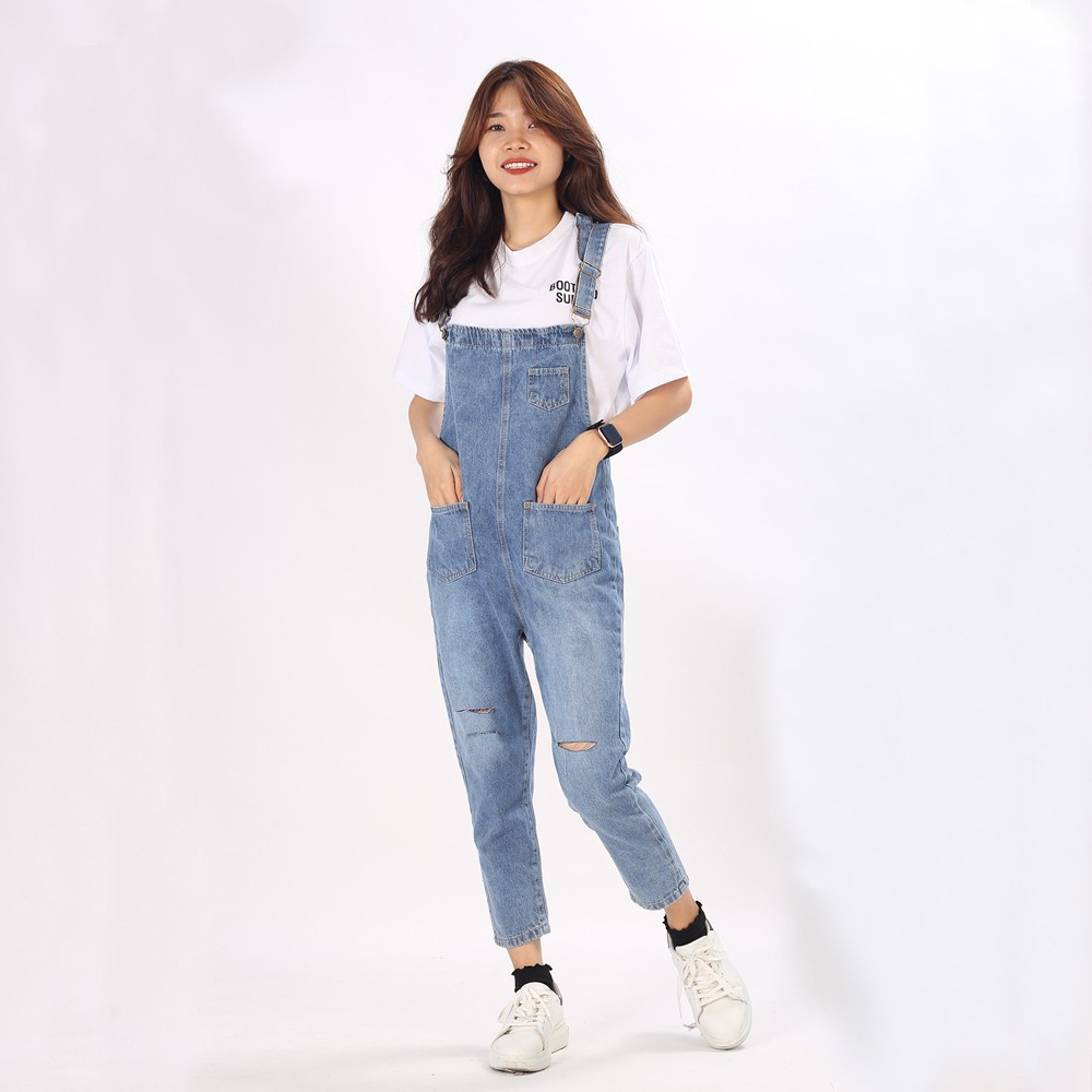 Quần yếm jean dài Nữ ống rộng ulzzang phối túi nắp cực xinh phong cách Hàn Quốc YN01